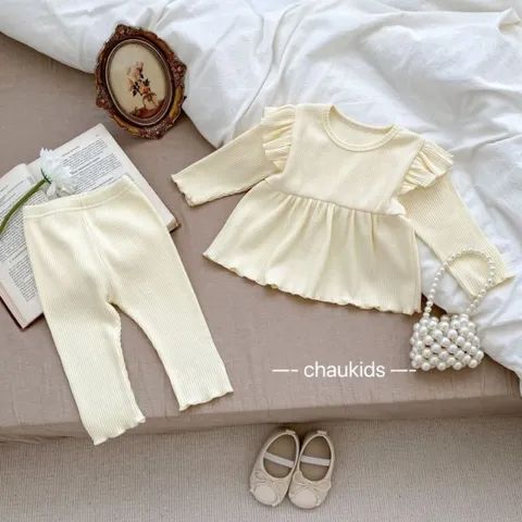 Bộ thu đông bé gái, set bộ tăm lạnh áo dáng baby doll bèo vai kèm quần cho bé