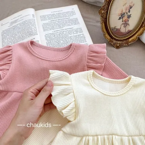 Bộ thu đông bé gái, set bộ tăm lạnh áo dáng baby doll bèo vai kèm quần cho bé