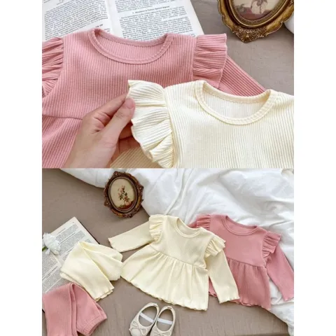 Bộ thu đông bé gái, set bộ tăm lạnh áo dáng baby doll bèo vai kèm quần cho bé