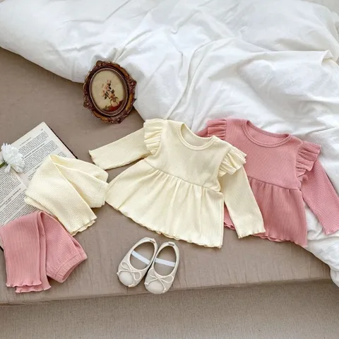 Bộ thu đông bé gái, set bộ tăm lạnh áo dáng baby doll bèo vai kèm quần cho bé