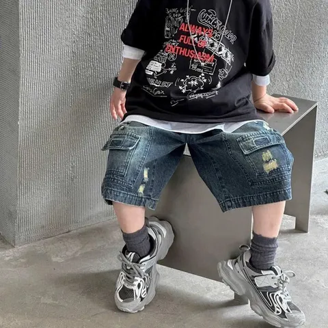 Quần đùi bé trai, quần Short ngố Jean 2 túi gối cho bé 10-30kg