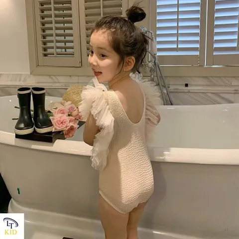Đồ bơi bé gái, bikini liền thân tay bèo voan lưới cho bé 10-22kg