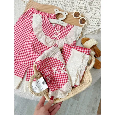 Quần áo bé gái, set đồ bộ kẻ áo sát nách cổ ren phối quần ống suông size 10-22kg