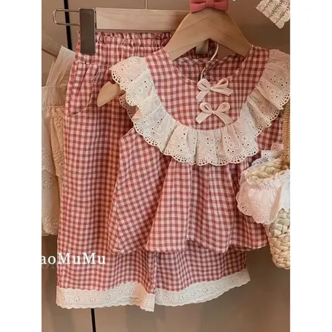 Quần áo bé gái, set đồ bộ kẻ áo sát nách cổ ren phối quần ống suông size 10-22kg