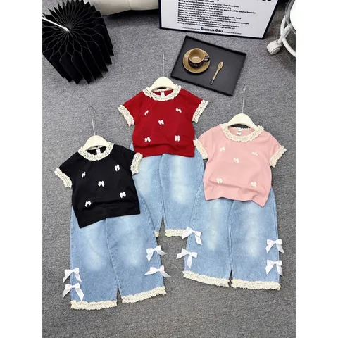 Quần áo bé gái, set áo tăm cổ ren kèm quần jean suông cho bé 13-38kg