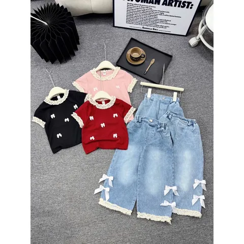 Quần áo bé gái, set áo tăm cổ ren kèm quần jean suông cho bé 13-38kg