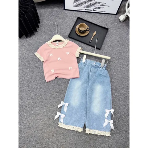 Quần áo bé gái, set áo tăm cổ ren kèm quần jean suông cho bé 13-38kg