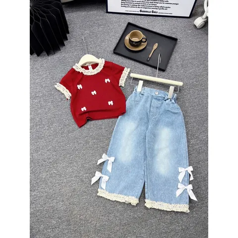 Quần áo bé gái, set áo tăm cổ ren kèm quần jean suông cho bé 13-38kg