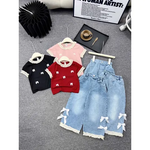 Quần áo bé gái, set áo tăm cổ ren kèm quần jean suông cho bé 13-38kg