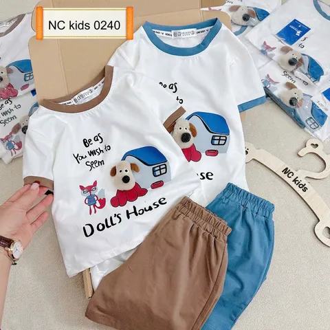 Quần áo bé trai, set bộ quần áo chất cotton thêu đắp cún Doll cho bé 8-30kg