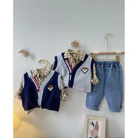 Quần áo thu đông bé trai, set 3ct: áo sơ mi kẻ, áo gile da cá và quần jean dày dặn cho bé 10-20kg