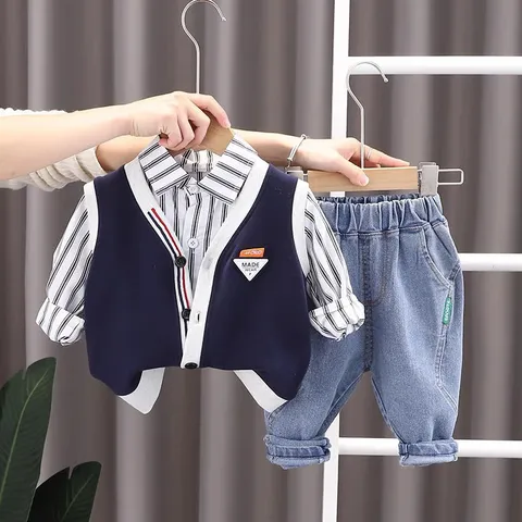 Quần áo thu đông bé trai, set 3ct: áo sơ mi kẻ, áo gile da cá và quần jean dày dặn cho bé 10-20kg
