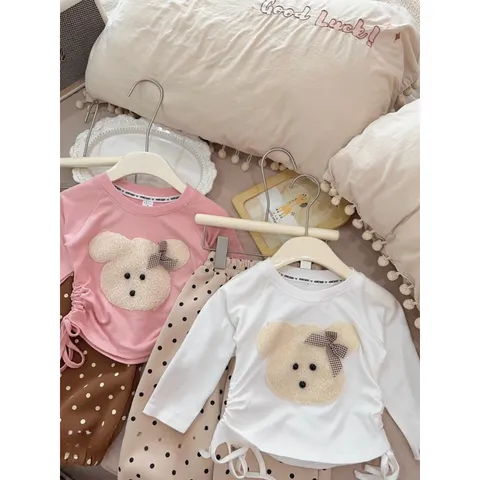 Quần áo thu đông bé gái, set bộ áo zip thêu đắp gấu đeo nơ kèm quần nỉ 2 da chấm bi cho bé 10-22kg