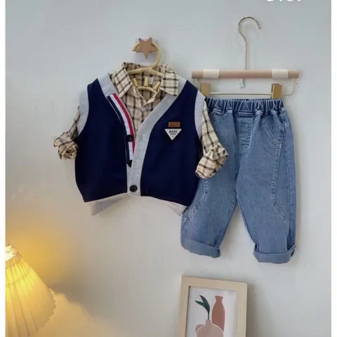 Quần áo thu đông bé trai, set 3ct: áo sơ mi kẻ, áo gile da cá và quần jean dày dặn cho bé 10-20kg