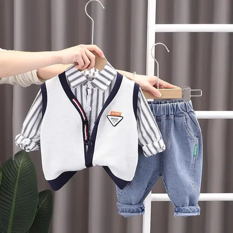 Quần áo thu đông bé trai, set 3ct: áo sơ mi kẻ, áo gile da cá và quần jean dày dặn cho bé 10-20kg