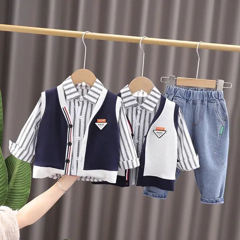 Quần áo thu đông bé trai, set 3ct: áo sơ mi kẻ, áo gile da cá và quần jean dày dặn cho bé 10-20kg