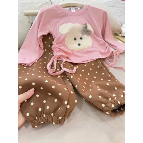 Quần áo thu đông bé gái, set bộ áo zip thêu đắp gấu đeo nơ kèm quần nỉ 2 da chấm bi cho bé 10-22kg