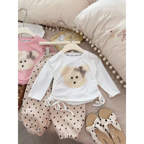 Quần áo thu đông bé gái, set bộ áo zip thêu đắp gấu đeo nơ kèm quần nỉ 2 da chấm bi cho bé 10-22kg