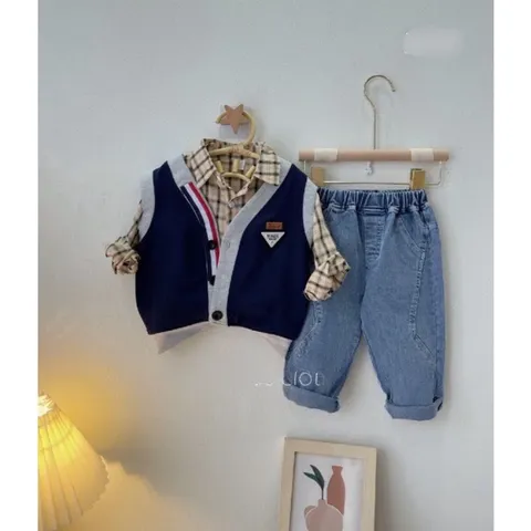 Quần áo thu đông bé trai, set 3ct: áo sơ mi kẻ, áo gile da cá và quần jean dày dặn cho bé 10-20kg