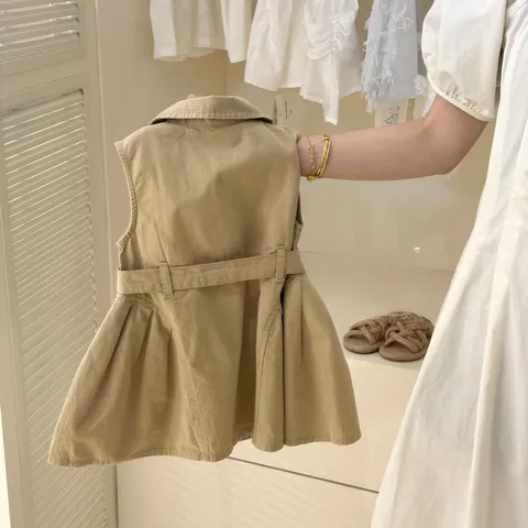 Váy bé gái, váy kaki sát nách có cổ và đai tiểu thư cho bé 10-32kg