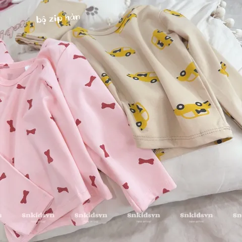 Quần áo thu đông cho bé, set bộ quần áo dài tay chất zip họa tiết ô tô và nơ cho bé trai, bé gái từ 8-20kg