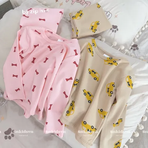 Quần áo thu đông cho bé, set bộ quần áo dài tay chất zip họa tiết ô tô và nơ cho bé trai, bé gái từ 8-20kg