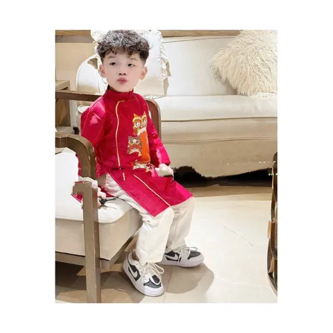 Áo dài cách tân cho bé, áo dài nhung chéo họa tiết Kỳ Lân 2 màu cho bé trai size 8-22kg