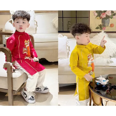 Áo dài cách tân cho bé, áo dài nhung chéo họa tiết Kỳ Lân 2 màu cho bé trai size 8-22kg