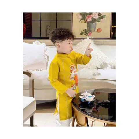 Áo dài cách tân cho bé, áo dài nhung chéo họa tiết Kỳ Lân 2 màu cho bé trai size 8-22kg