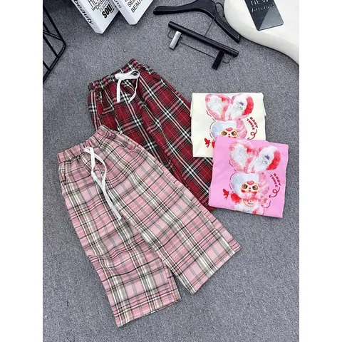 Quần áo bé gái, set bộ áo cộc tay cotton Babythree kèm quần kẻ suông ống rộng size bé 13-40kg