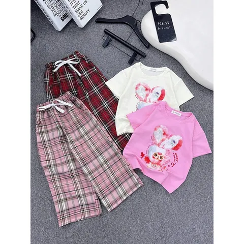Quần áo bé gái, set bộ áo cộc tay cotton Babythree kèm quần kẻ suông ống rộng size bé 13-40kg