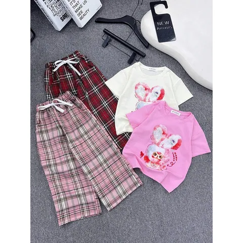 Quần áo bé gái, set bộ áo cộc tay cotton Babythree kèm quần kẻ suông ống rộng size bé 13-40kg