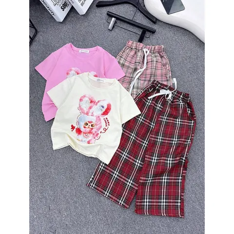 Quần áo bé gái, set bộ áo cộc tay cotton Babythree kèm quần kẻ suông ống rộng size bé 13-40kg