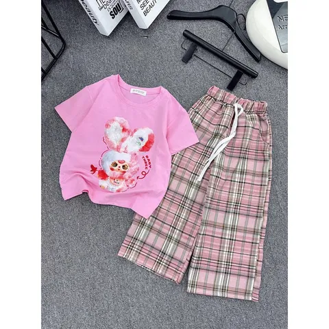 Quần áo bé gái, set bộ áo cộc tay cotton Babythree kèm quần kẻ suông ống rộng size bé 13-40kg