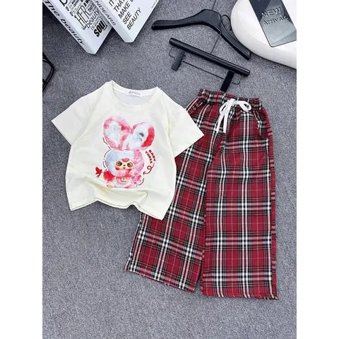 Quần áo bé gái, set bộ áo cộc tay cotton Babythree kèm quần kẻ suông ống rộng size bé 13-40kg