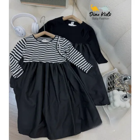 Váy bé gái, váy thu đông cotton zip cắt out phối chân váy thô dài bồng bềnh sang chảnh cho bé 12-30kg