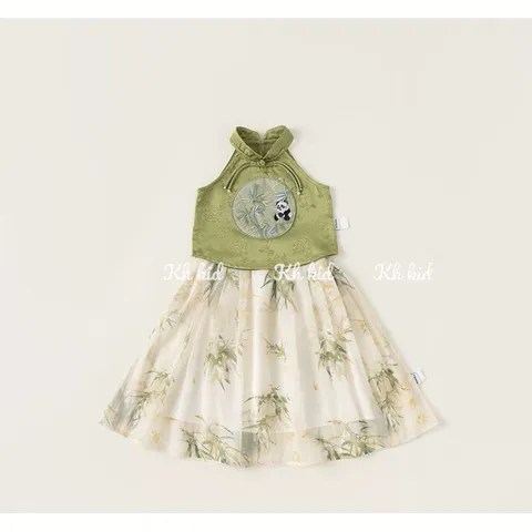 Váy bé gái, set váy trung thu áo cổ yếm lụa thêu gái trúc kèm chân váy voan tơ xịn sò cho bé 12-35kg
