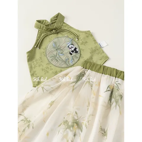 Váy bé gái, set váy trung thu áo cổ yếm lụa thêu gái trúc kèm chân váy voan tơ xịn sò cho bé 12-35kg