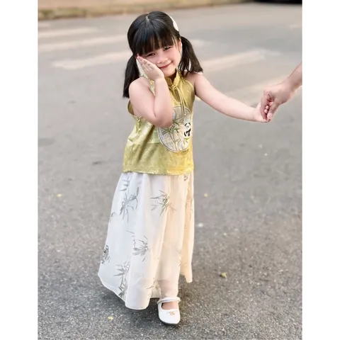 Váy bé gái, set váy trung thu áo cổ yếm lụa thêu gái trúc kèm chân váy voan tơ xịn sò cho bé 12-35kg