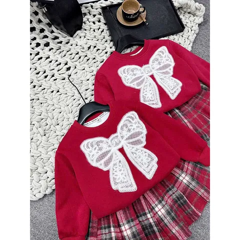 Váy bé gái, set áo nỉ đỏ thêu ren nơ kèm chân váy dạ kẻ xếp ly cho bé diện Tết size 10-40kg