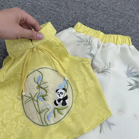 Váy bé gái, set váy trung thu áo cổ yếm lụa thêu gái trúc kèm chân váy voan tơ xịn sò cho bé 12-35kg
