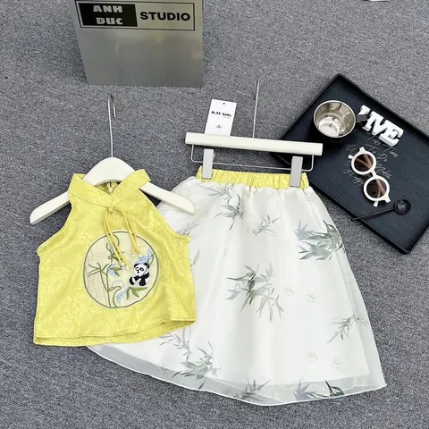 Váy bé gái, set váy trung thu áo cổ yếm lụa thêu gái trúc kèm chân váy voan tơ xịn sò cho bé 12-35kg