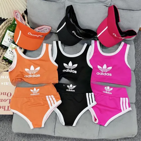 Đồ bơi cho bé, set 3ct Bikini 3 sọc kèm mũ nửa đầu cho bé gái 10-30kg