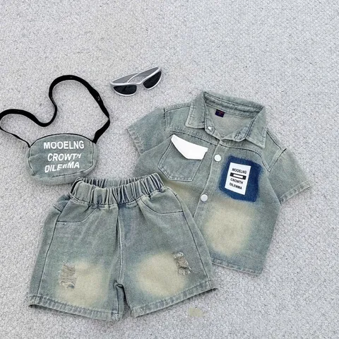 Quần áo bé trai, set 3 ct: bộ quần áo Jean xanh cộc tay TẶNG TÚI cho bé 10-30kg