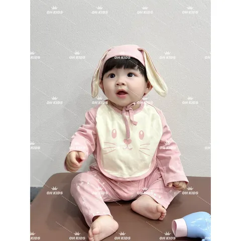 Quần áo thu đông bé gái, set 4ct: quần áo, mũi và yếm chất zip tai thỏ siêu đẹp bé 6-15kg