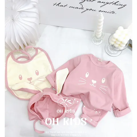 Quần áo thu đông bé gái, set 4ct: quần áo, mũi và yếm chất zip tai thỏ siêu đẹp bé 6-15kg