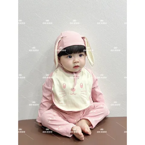 Quần áo thu đông bé gái, set 4ct: quần áo, mũi và yếm chất zip tai thỏ siêu đẹp bé 6-15kg