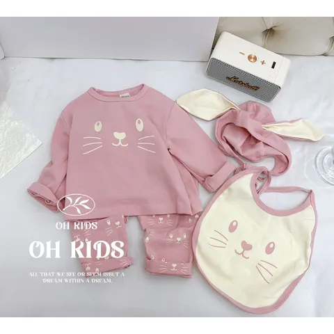 Quần áo thu đông bé gái, set 4ct: quần áo, mũi và yếm chất zip tai thỏ siêu đẹp bé 6-15kg