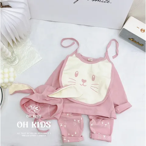 Quần áo thu đông bé gái, set 4ct: quần áo, mũi và yếm chất zip tai thỏ siêu đẹp bé 6-15kg