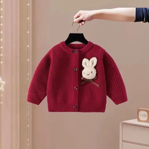 Váy bé gái, set áo len đỏ đính thỏ kèm chân váy kẻ xếp ly cho bé 10-30kg